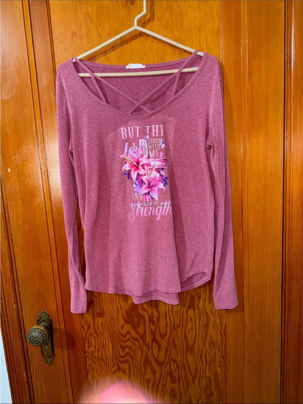 First Love Mauve Long Sleeve Crisscross Neck Graphic Tee